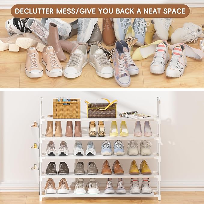 5 Tier Shoe Organizer, 33.3in Wide x 11.2in Deep x 35.6in Tall, Black Metal and Plastic Shoe Rack with Side Bag, Holds 20-25 Pairs of Shoes-NeatNest