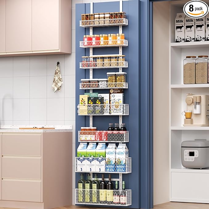 8-Tier Over The Door Pantry Organizer,Hanging Spice Rack with Adjustable Basket,Over Door Racks,Pantry Organization And Storage, Laundry Room,Bathroom,Large Capacity,D5.3xW15.7xH74.8 in