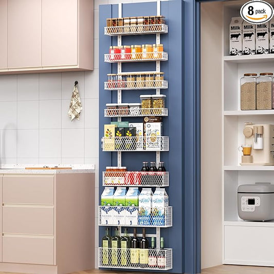 8-Tier Over The Door Pantry Organizer,Hanging Spice Rack with Adjustable Basket,Over Door Racks,Pantry Organization And Storage, Laundry Room,Bathroom,Large Capacity,D5.3xW15.7xH74.8 in