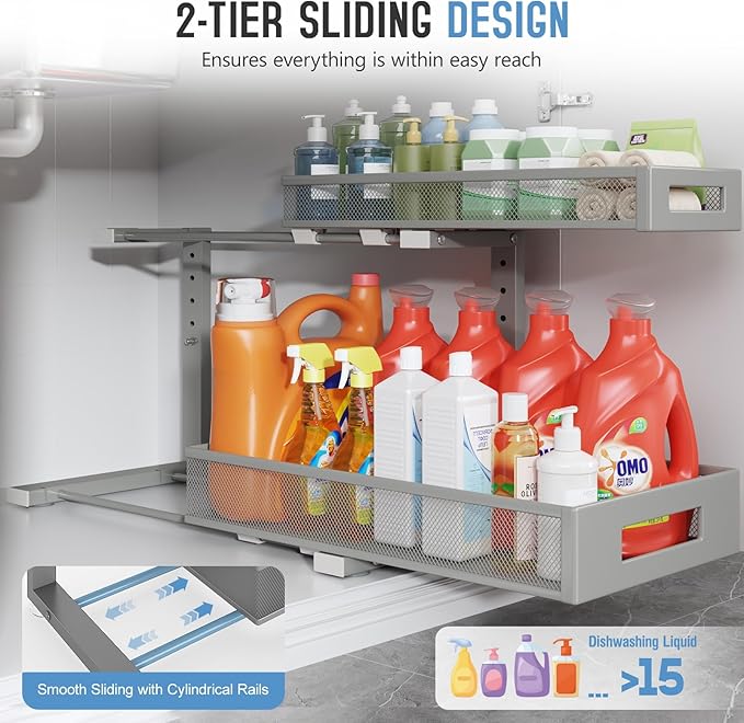 1 Pack 19IN Depth Under Sink Storage Organizer, Large 2-Tier Elegant Mesh Pull Out Shelf for Kitchen and Bathroom Cabinet Organization, L-Shaped and Adjustable Height Design-Gun Gray-NeatNest