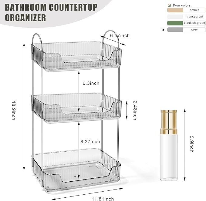 Bathroom Counter Organizer Countertop Storage Skincare Countertop Makeup Organizer Cosmetics Skincare Organizers Holder for Perfume-Grey-Silver Pole-3 Tier-NeatNest