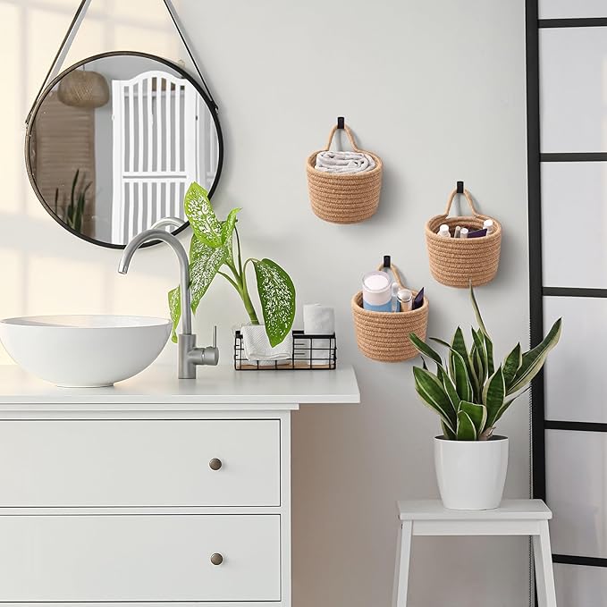 Fabric Wall Hanging Baskets - 3Pack Woven Pouchs Boho Style Wall Mounted Bag with Adhesive Hooks, Storage Organizers and Decoration Pocket Caddy Bins on Door Rack (Linen & Black, Large)