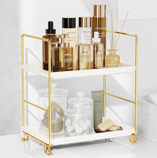 FSyueyun 2-Tier Bathroom Countertop Organizer, Tool-Less Installation Premium Plastics Makeup Shelf Organizer Perfume Skincare for Dresser Vanity Tray Organizers and Storage (Gold)-NeatNest