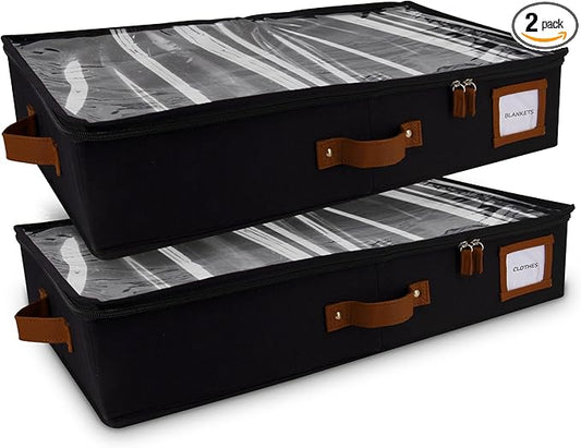 HOMELUX THEORY 2pc Under Bed Storage Containers, Bedroom Under the Bed Drawer Storage Organizer with Bins and Lids, Large Underbed Clothes Storage Box Ideal for Blanket, Fabric, & Shoes (Black)-NeatNest