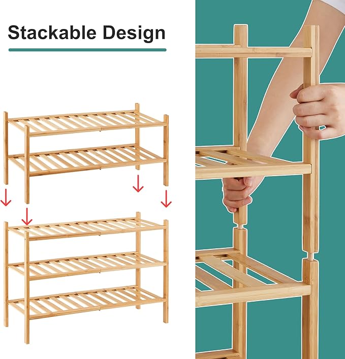 5-Tier Bamboo Shoe Rack for Entryway, Stackable | Foldable | Natural, Shoe Organizer for Hallway Closet, Standing Shoe Racks for Indoor Outdoor-NeatNest