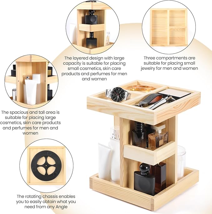 360 Rotating Wood Rotating Countertop Organizer,Mens Cologne Organizer,Mens Bathroom Organizer,Perfume Tray,Cologne Stand,Vanity Tray,Counter Shelf,Countertop Shelf(Burlywood)