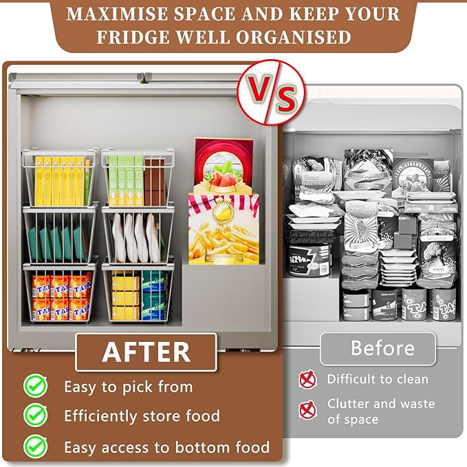5 Pack Stackable Deep Freezer Organizer Bins ，Upgraded Bottom Leak-Proof net，Encryption and Hardening ， Freezer Organizer Bins for 7 Cu.FT Small Chest Freezer， Easy Get Bottom Foods