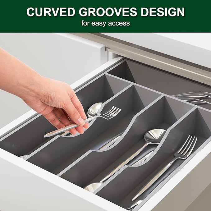 Bellsal Grey Utensil Organizer 10 Inch Silverware Tray for Drawer Utensil Holder Cutlery Organizer Kitchen Drawer Organizer 5 Compartment Small Narrow Bamboo-NeatNest