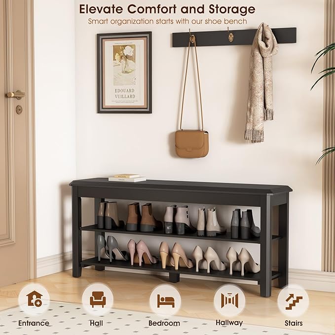 Shoe Rack Bench Seat Rubberwood 2-Tier Wooden Storage Bench 550lbs Compact Mid-Century Modern Design for Entryway, Hallway, Closet, Front Door Entrance, Foyer-NeatNest