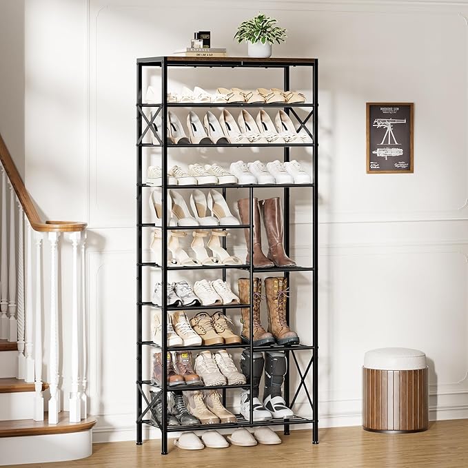 10-Tier Shoe Rack, Shoe Storage Organizer with Boots Storage, Large Capacity Shoe Shelf Holds 27-30 Pairs of Shoes, Durable and Stable, for Entryway, Closet, Hallway, Dorm Room, Rustic Brown-NeatNest