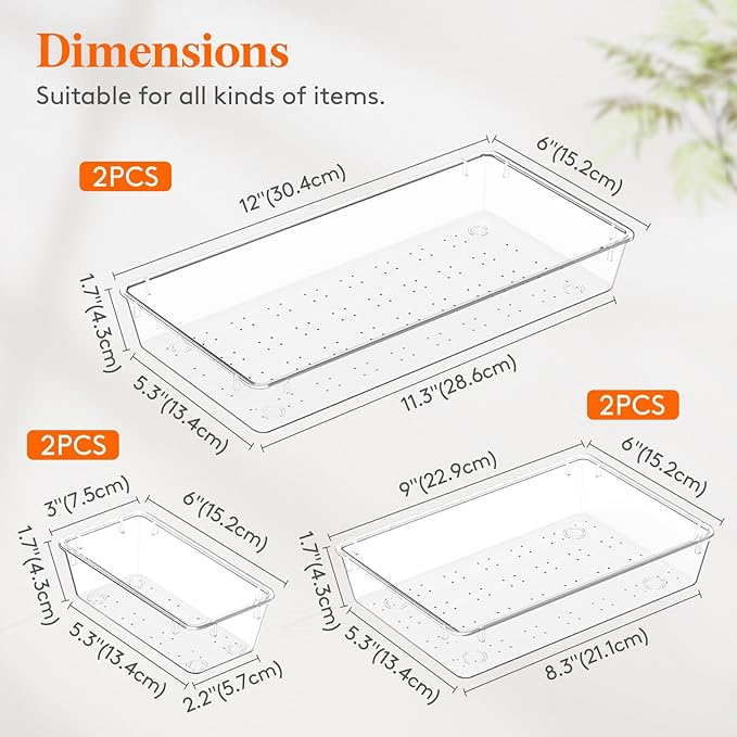 Lifewit 6 Pcs Large Bathroom Drawer Organizers, 3 Sizes Clear Plastic Storage Organizer Trays for Make Up, Kitchen Utensils, Vanity Accessories in Bathroom/Office/Dresser Organization