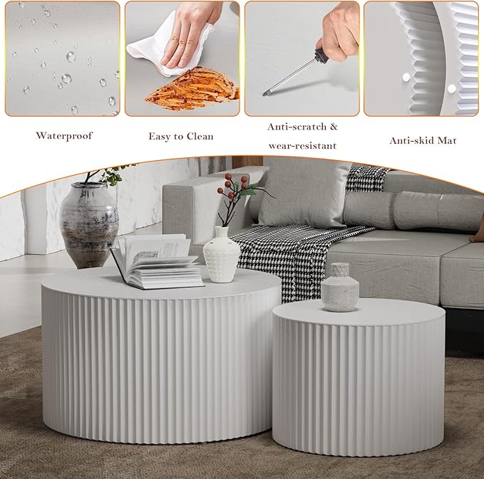 Round Nesting Coffee Table White Modern Circular Stripe Coffee Tables Set of 2 No Assembling for Small Space - Living Room Study Balcony (J-27.6+19.7in)