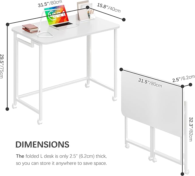 4NM 31.5" Mobile Small Rolling Computer Desk, Folding Laptop Cart Table with Wheels, Portable Office Desk for Small Space Couch Bed - All White