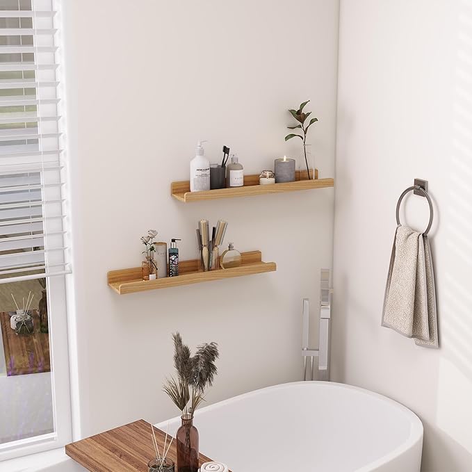 Floating Shelves for Wall | Picture Ledge Shelf Set of 2 | 24 Inch Solid Ash Wood Floating Shelves with Lip | Natural Wood Picture Shelf for Wall with Ledge | Photo Ledge Shelves-NeatNest
