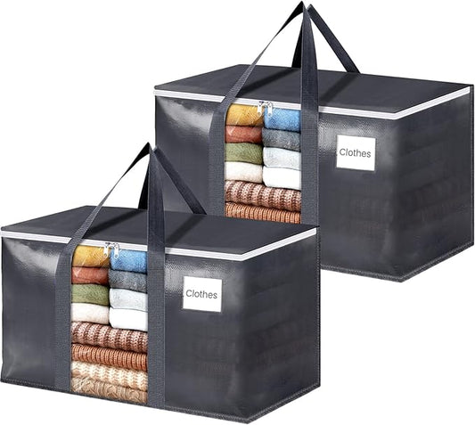 HomeHacks 2 Pack Extra Large Moving Bags with Visual PVC Window & Zippers, Storage Totes with Reinforced Handles, Heavy Duty Storage Bags for Packing, Moving, Storage (76L,Grey)