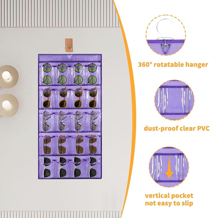 2 Pcs Sunglasses Organizer Storage Sunglass Holder for Wall Hanging Eyeglass Organizer for Multiple Glasses with 40 Clear Slots (PURPLE)-NeatNest