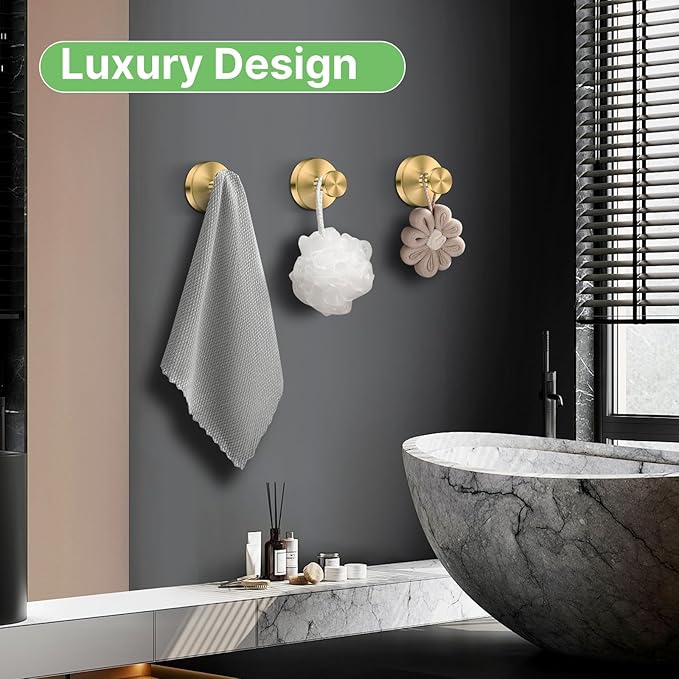 Gold Waterproof Suction Cup Hooks, 2-Pack Heavy Duty Stainless Steel No Drill Shower Hooks for Hanging Towels, Robes, Loofahs, Holder Holds Strong on Tile, Glass, Mirror, Wall, Bathroom Door
