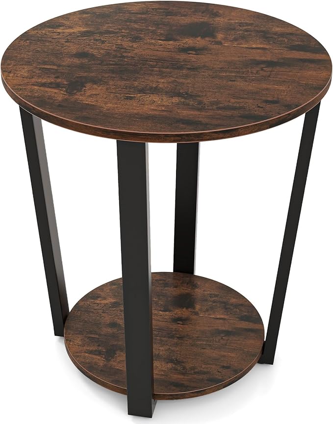 Giantex Round End Table, 2-Tier Side Sofa Table with Open Storage Shelf and Metal Frame, Industrial Nightstand Bedside Table for Living Room, Bedroom, Small Space, Accent Furniture, Rustic Brown