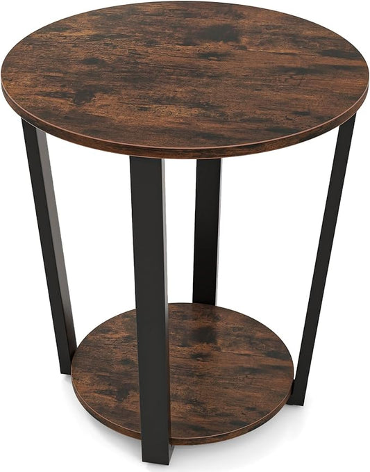 Giantex Round End Table, 2-Tier Side Sofa Table with Open Storage Shelf and Metal Frame, Industrial Nightstand Bedside Table for Living Room, Bedroom, Small Space, Accent Furniture, Rustic Brown