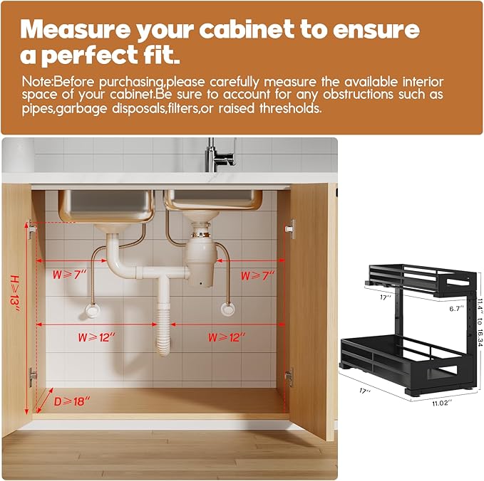 2-Pack 17"Deep Under Sink Organizer And Storage, 2-Tier L-Shaped Pull Out Cabinet Organizer with Upgraded Slide Rails, Height Adjustable Drawers for Kitchen&Bathroom, Extra-Large Storage Shelves–Black-NeatNest