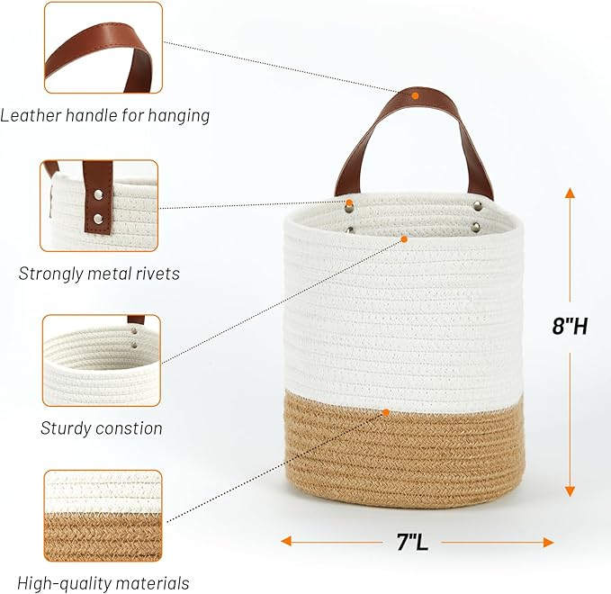 DULLEMELO Small Hanging Basket with Handle Set of 2 Hanging Wall Baskets, Wall Hanging Baskets for Organizing Wall Plants, Key, Sunglasses Small Woven Basket,White&Brown-NeatNest