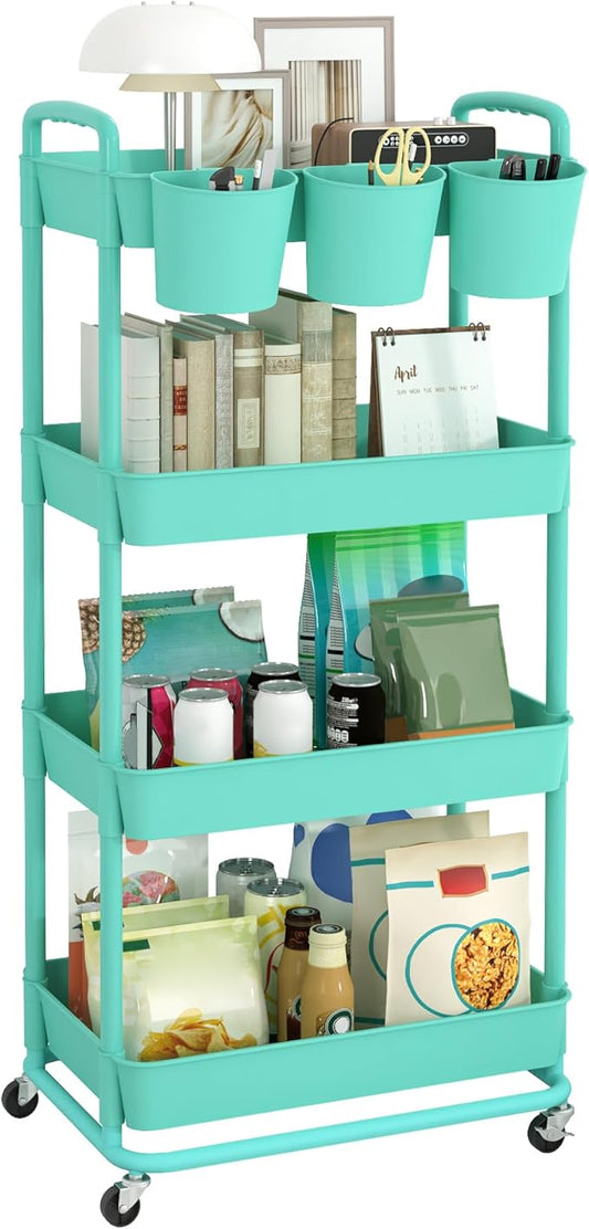 JIUYOTREE 4-Tier Plastic Rolling Storage Cart Utility Cart with Extra Hanging Cups Handles Lockable Wheels for Living Room Bathroom Kitchen Office Green-NeatNest