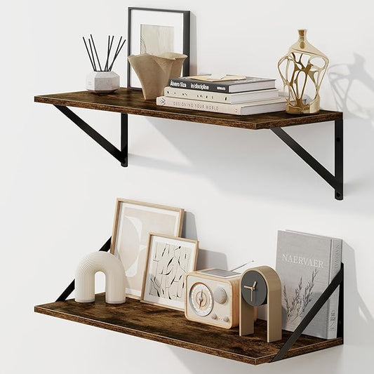 Fun Memories Deep Floating Shelves for Wall, 24W x 8D Wall Mounted Shelves Set of 2, Wide Display Ledge Shelf with Sturdy Metal Brackets for Living Room, Bathroom, Bedroom and Kitchen, Rustic Brown-NeatNest