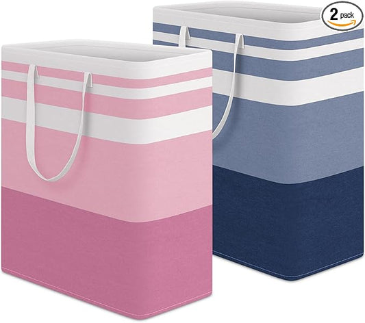 HomeHacks 2 Pack Large Laundry Baskets, Waterproof, Freestanding Laundry Hampers, Collapsible Clothes Hamper with Reinforced Handles in Laundry, College Dorm, Bathroom, Bedroom (Blue+Pink, 100Lx2)-NeatNest