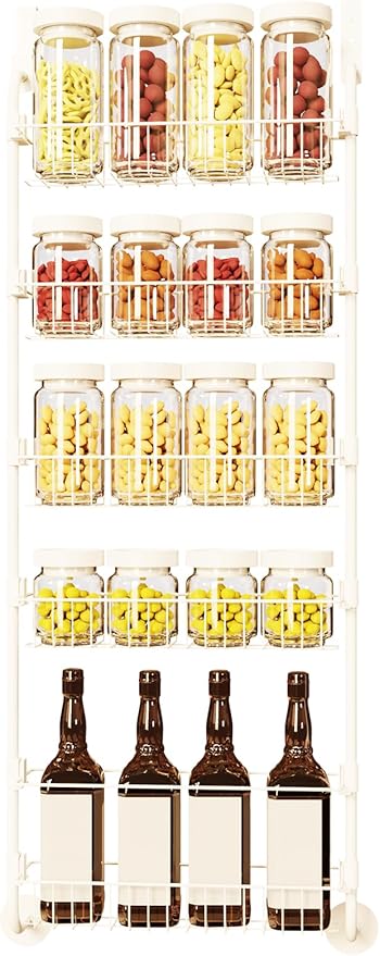 Over The Door Pantry Organizers, Pantry Door Organizer and Storage with Adjustable Baskets,Heavy-Duty Metal Spice Rack,Over The Door Organizers for Kitchen,Bathroom (White, 5tier)
