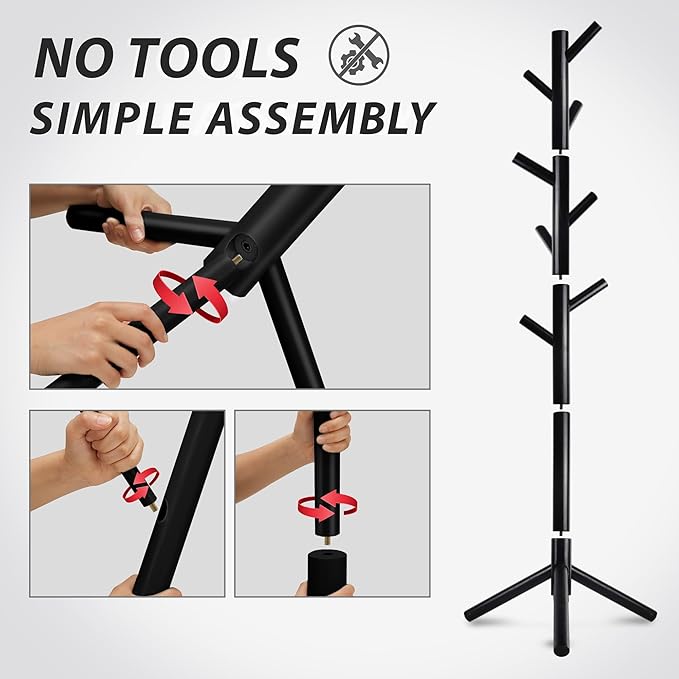 Durable Wooden Coat Rack, Freestanding Coat Rack with Stable Triangular Base, 8 Hooks & 3 Adjustable Heights, Simple Assembly for Bedroom, Hallway, Office(New Black)-NeatNest