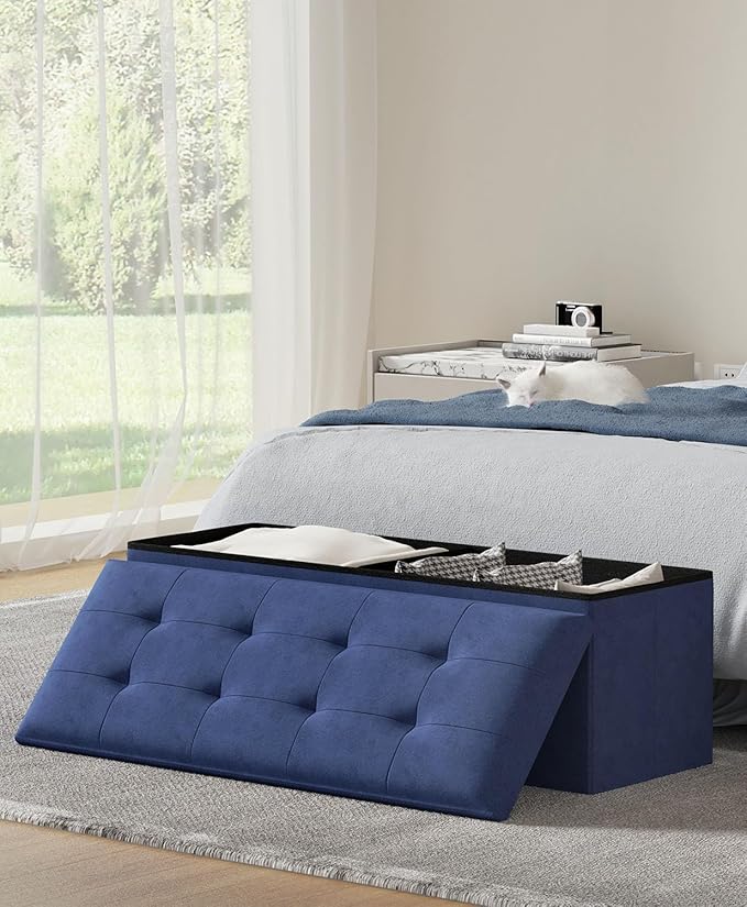 Folding Storage Ottoman Bench, Multi-Functional Ottoman Footrest, End of Bed Bench, Storage Chest for Living Room, Bedroom, Hallway, Entryway, Holds Up to 700 lbs (Navy Blue, 43 Inches)