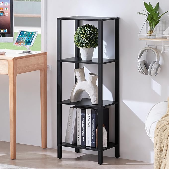4 Tier Tall Wooden Bookshelf with Storage - Small Bookcase for Small Spaces, Shelf for Living Room, Office, Bedroom, Kitchen - Industrial Modern Black Book Shelf