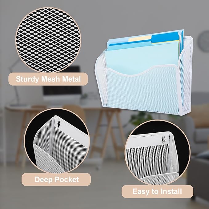 EASEPRES 3 Single Pocket Mesh Hanging File Organizer, Vertical Wall Mounted Magazine File Holder, Mount Basket Mail Paper Document Folder Organizing for Office, Home and School, White