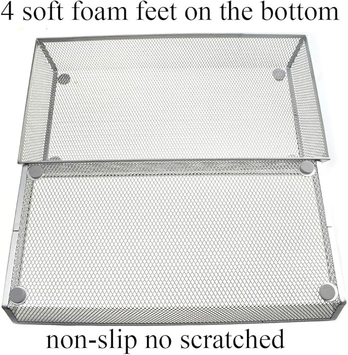 HAHIYO Stackable Mesh Tray Cup 12 x 6 x 2 inches Sturdy Container for Desk Drawer Organizer Collection for Home Office School kitchen Soft Foam Feet No Sharp Edges 1 Pack Silver-NeatNest