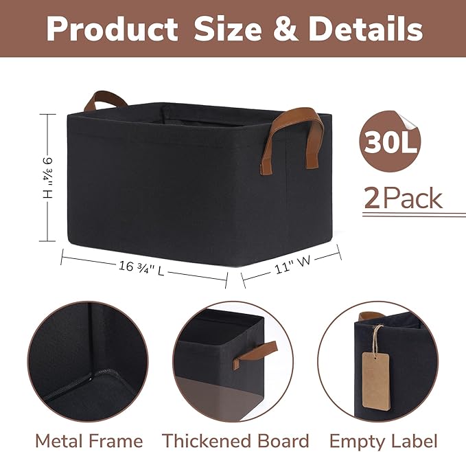 CHICVITA Large Storage Bins for Clothes and Toys, Black Fabric Bin for Living Room, 16 " L x 11" W x 9 " H, 2-Pack-NeatNest