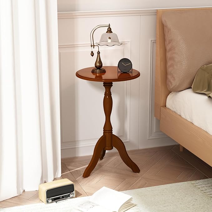 HLR Round Small End Table, Wooden Pedestal Side Coffee Tables, Vintage Accent Nightstand for Living Room, Bedroom, Entryway (1, Walnut)