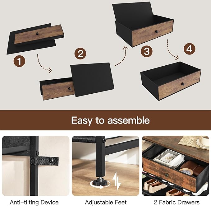usikey Shoe Rack, 4 Tier Shoe Storage Organizer with 2 Drawers, Metal Shoe Shelf for 12-15 Pairs of Shoes, with 3 Fabric Shelves and Wooden Top, Shoe Stand for Closet Entryway, Rustic Brown-NeatNest