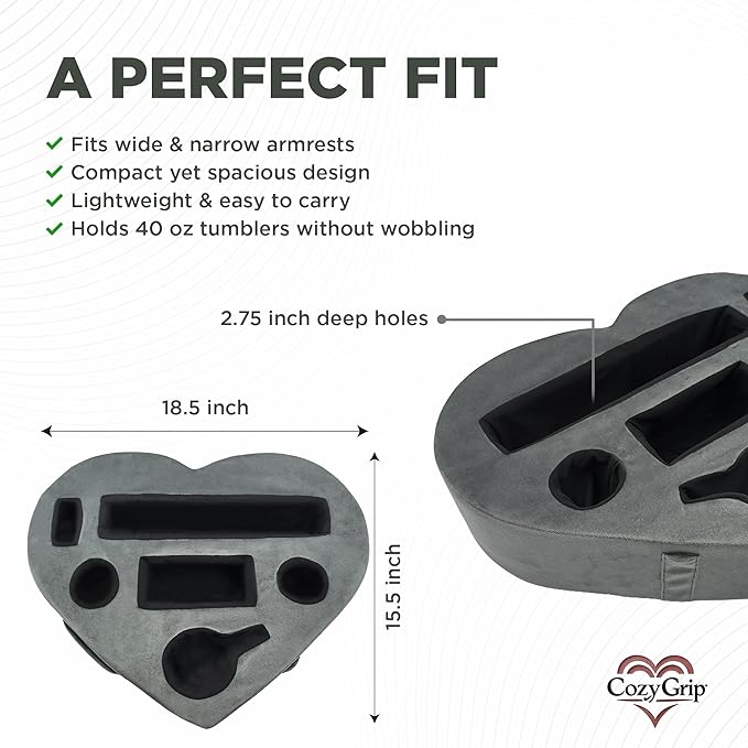 Heart-Shaped 8-in-1 Bed & Couch Cup Holder, Sofa Organizer Caddy Holds Phone, Tablet/iPad, TV Remote, Gaming Console, Mug - Drinks Cupholder Tray - Buddy Pillow Gift for Women & Couples, Gray-NeatNest