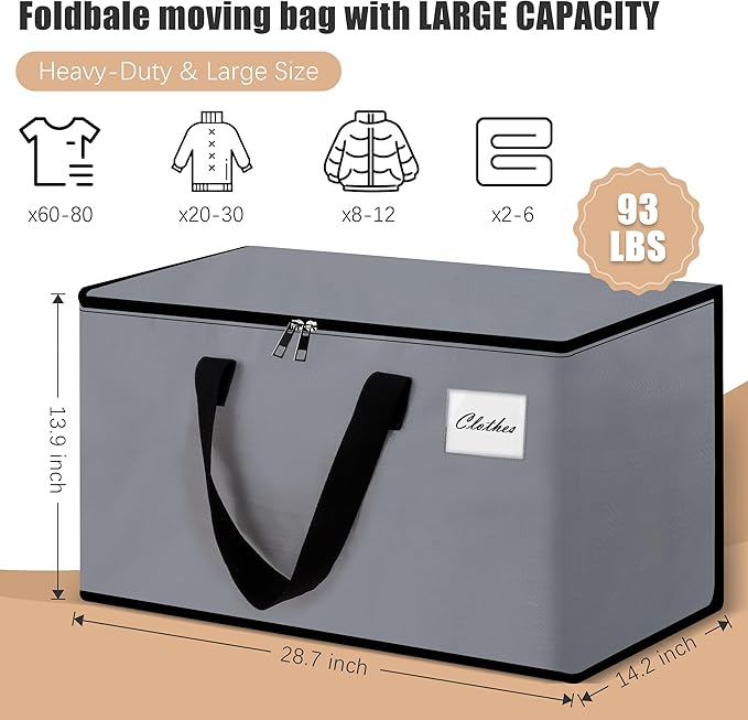 Heavy Duty Moving Bags - Extra Large Packing Bags and Storage Totes, Collapsible and Foldable Option for Moving and Storage, Grey, 93 L - 12 Pack