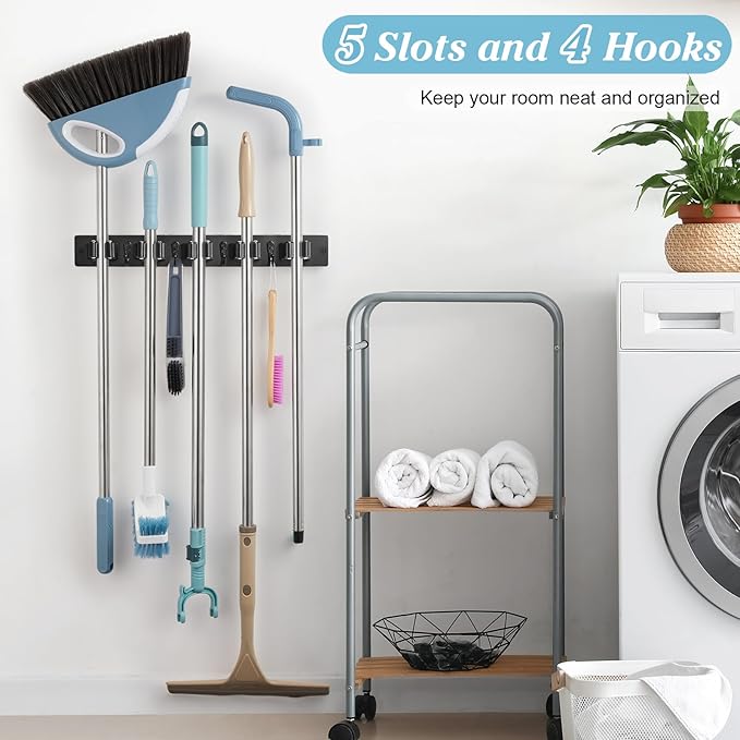 Black Broom Holder Wall Mount - Heavy Duty Wood Mop and Broom Organizer with 5 Slots & 4 Hooks - Sturdy Garden Tool Hanger for Laundry Room Closet Kitchen Garage Storage and Organization-NeatNest