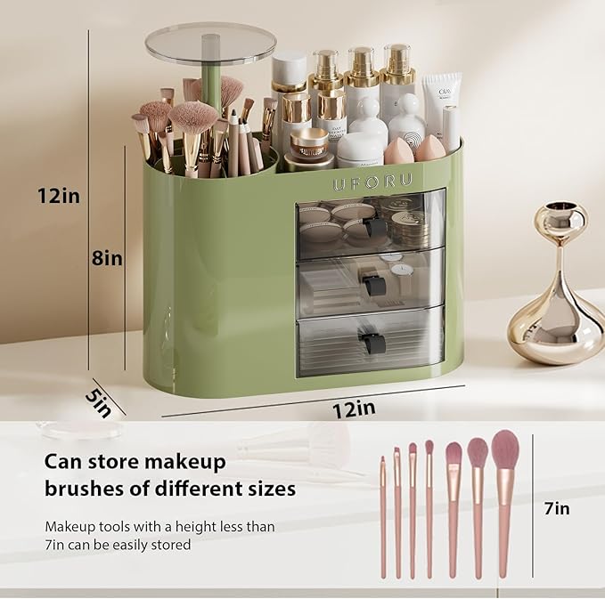 Makeup Organizer with Drawers for Vanity, 4 Slot Brush Holder with One Touch Open,Spacious Cosmetic Storage for Dresser Vanity and Bathroom Countertop, Beauty Holder for Lipstick Skincare(Green)-NeatNest