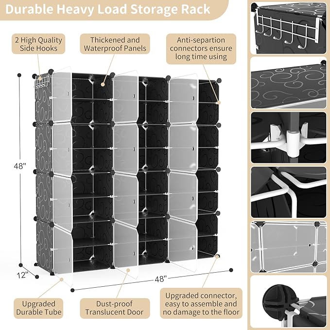Portable Shoe Rack Organizer with Door, 48 Pairs Shoe Storage Cabinet Easy Assembly, Plastic Adjustable Shoe Organizer Stackable Detachable Free Standing Shoe Rack DIY Expandable 8 Tier Black-NeatNest