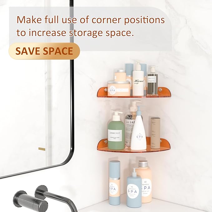 7x7 Inch Corner Shelf Wall Mount Set of 2, Orange Acrylic Corner Floating Shelves, Corner Wall Organizer Shelf for Bathroom, Kitchen, Bedroom, Living Room, Dining Room, Office