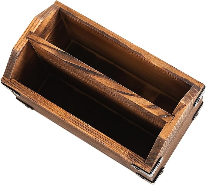 Brown Torched Wood Remote Control Organizer Burnt Wooden Tabletop Storage Caddy Two Compartment Holder TV Game Consoles Cell Phone Kitchen Utensils Office Supplies Living Room Home Bedroom-NeatNest