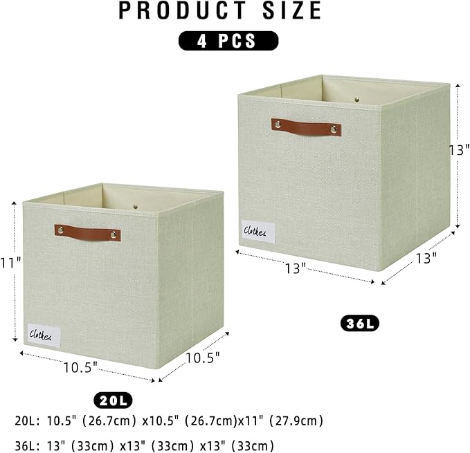 Collapsible Fabric Storage Cube Bins with 2 Reinforced PU Handles, Foldable Storage Organizer Baskets for Closet, Shelves, Living Room | 13"x13"x13", 4 Pack, Sage Green-NeatNest