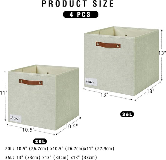 Collapsible Fabric Storage Cube Bins with 2 Reinforced PU Handles, Foldable Storage Organizer Baskets for Closet, Shelves, Living Room | 13"x13"x13", 4 Pack, Sage Green-NeatNest