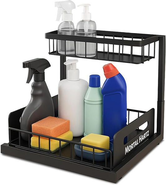 Under Sink Organizer Rack – 2-Tier Pull-Out Storage Shelf for Kitchen & Bathroom Cabinets – Space-Saving L-Shaped Metal Organizer with Sliding Baskets (Black, 1-Pack)-NeatNest