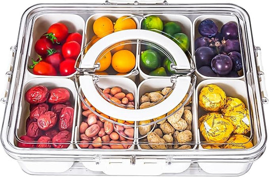 Divided Serving Tray with Lid and Handle,8 Compartments Snacks Box,Snack Fruit and Veggie Tray,Portable Platter for Candy Fruits Nuts Snack Party Entertaining Picnic (1 PCS)-NeatNest