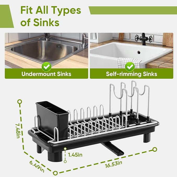 VUSIGN Dish Drying Rack with Drainboard, Dish Rack, Dish Drainers for Kitchen Counter Extendable Spout Strainers with Removable Utensil Holder, Adjustable Pot Rack, Black