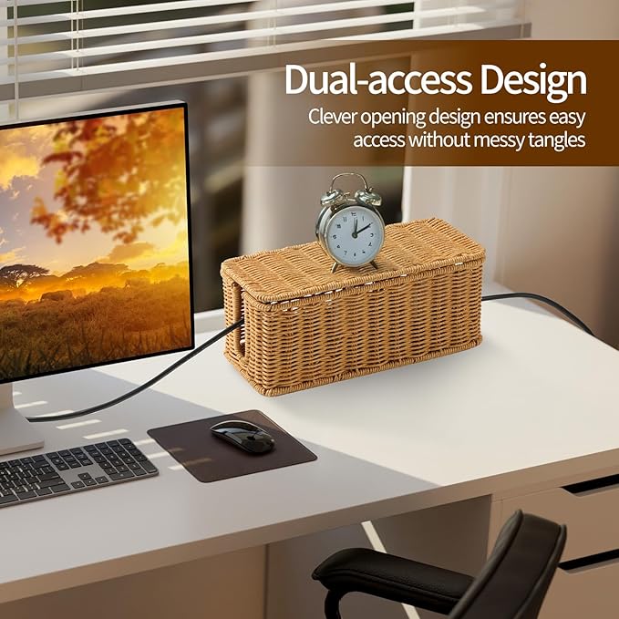 Delamu Handmade Rattan Cable Management Box, Cord Organizer with 2 Open Slots, Desk Cord Box Hider for Computer Router USB Hub Power Strip, 12.5" Lx 5.1" Wx 5.1" H, Natural